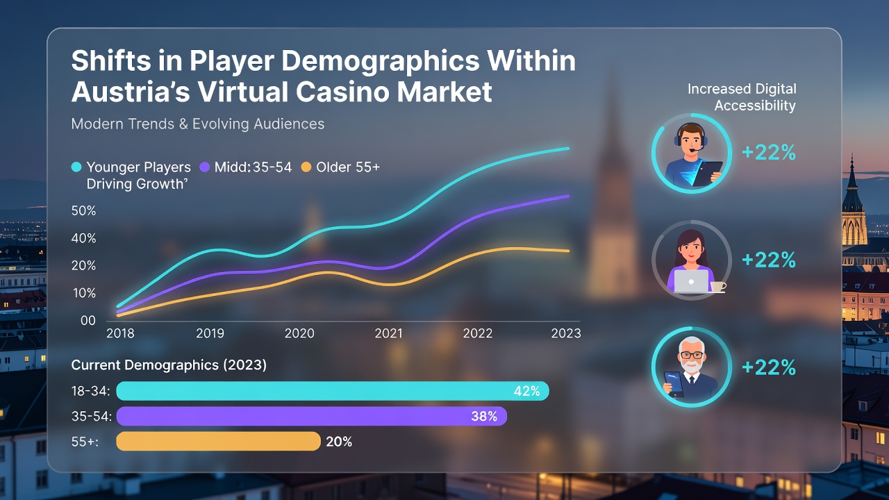 Infographic showing age and gender distribution changes in Austria's online casino players from 2020 to 2026